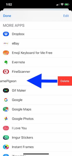 Eliminar una aplicación o un juego del cajón de aplicaciones de iMessage en el iPhone